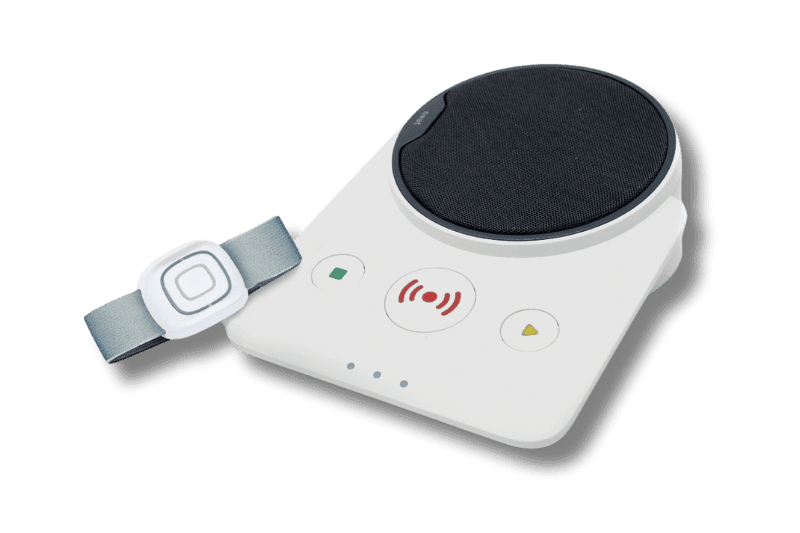 A white Novo personal alarm base unit and a Smile fall sensor from Telecare24