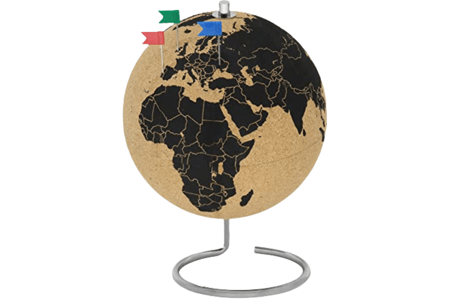 Clear cork globe with 54 different pins