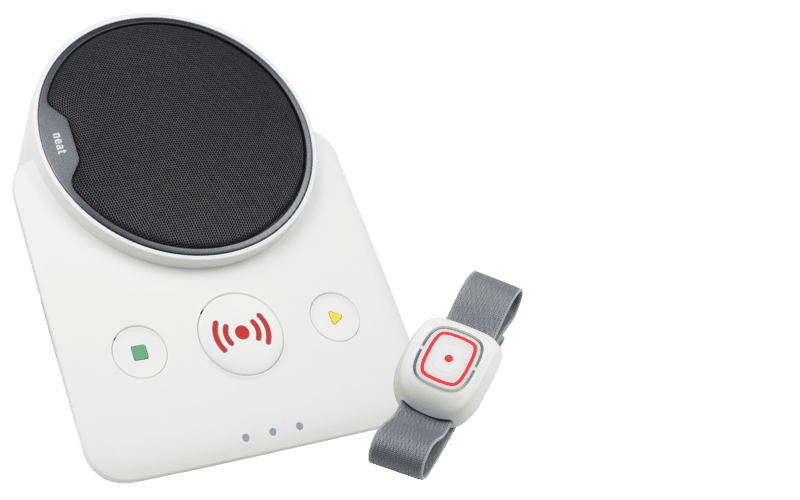 A white Novo personal alarm base unit and a grey Smile fall sensor from Telecare24